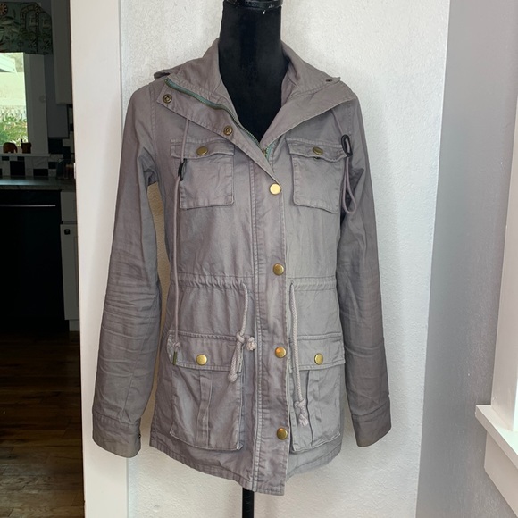 41 Hawthorn grey utility jacket 100% cotton zip snap closure pockets hood - Picture 1 of 9